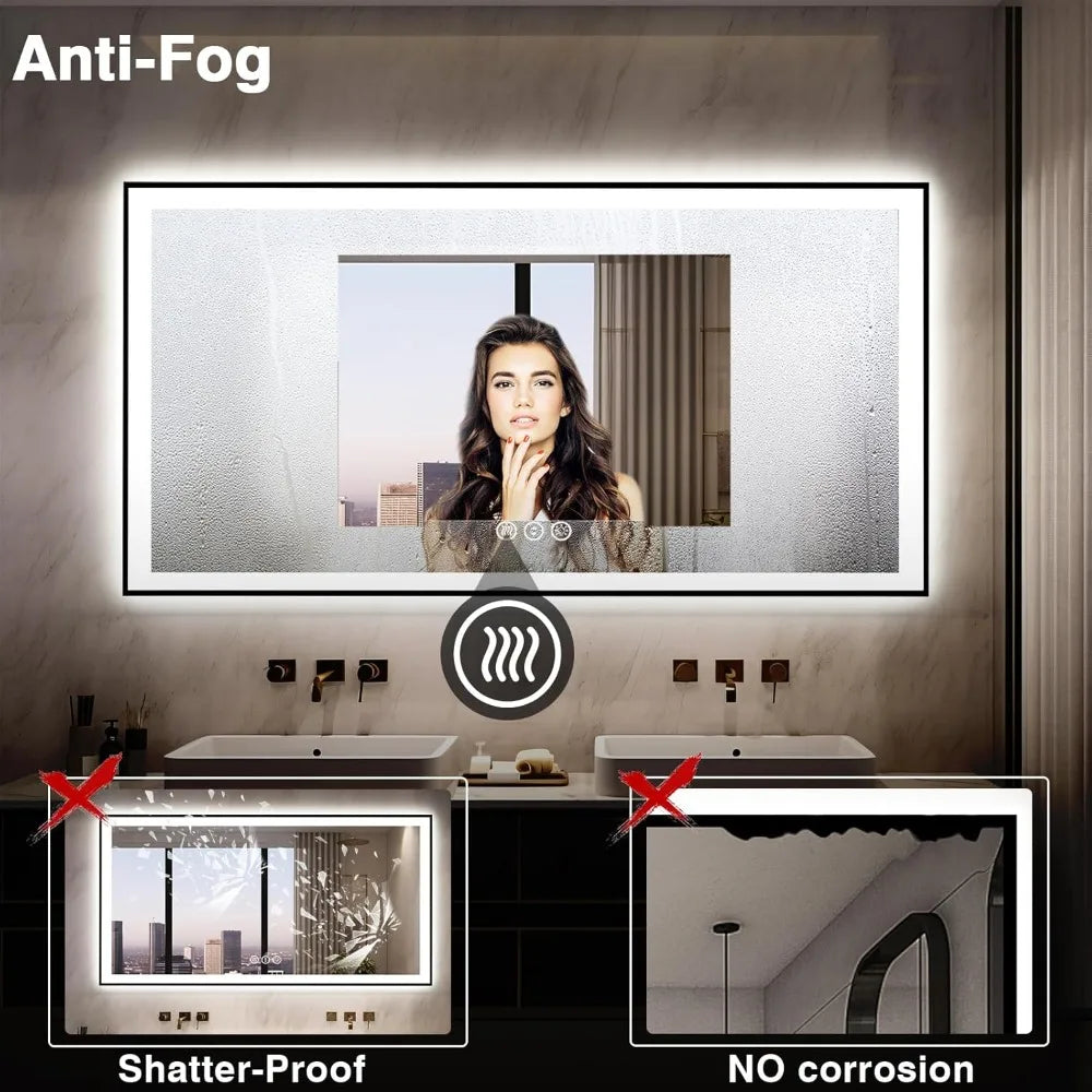 60X28 LED Bathroom Mirror for Wall - Black Aluminum Framed (Front and Backlit))