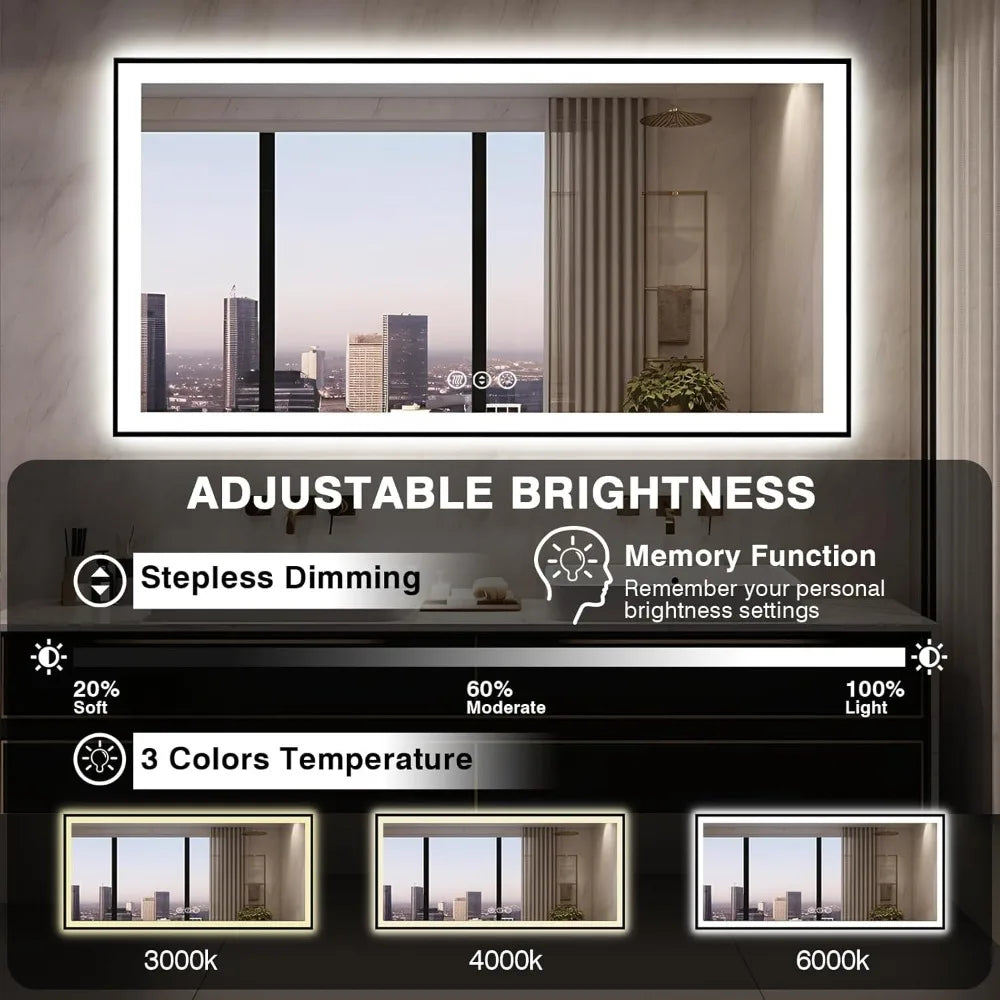 60X28 LED Bathroom Mirror for Wall - Black Aluminum Framed (Front and Backlit))