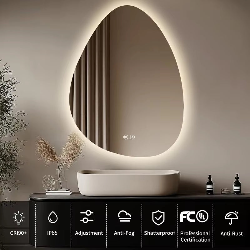 LED Bathroom Mirror with Lights 24X32”, Stepless Dimmable Irregular LED Mirror with 3 Colors, Anti-Fog, Memory, Al-Alloy Lampsha