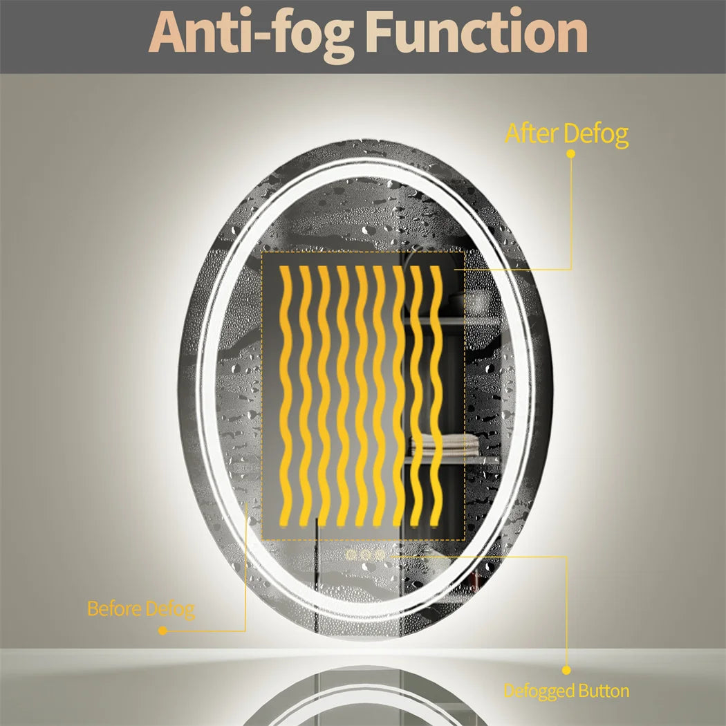 Bathroom Mirror LED Light Oval Frameless Shower Shaving Makeup Mirror for Restroom Washroom Dimming Defog