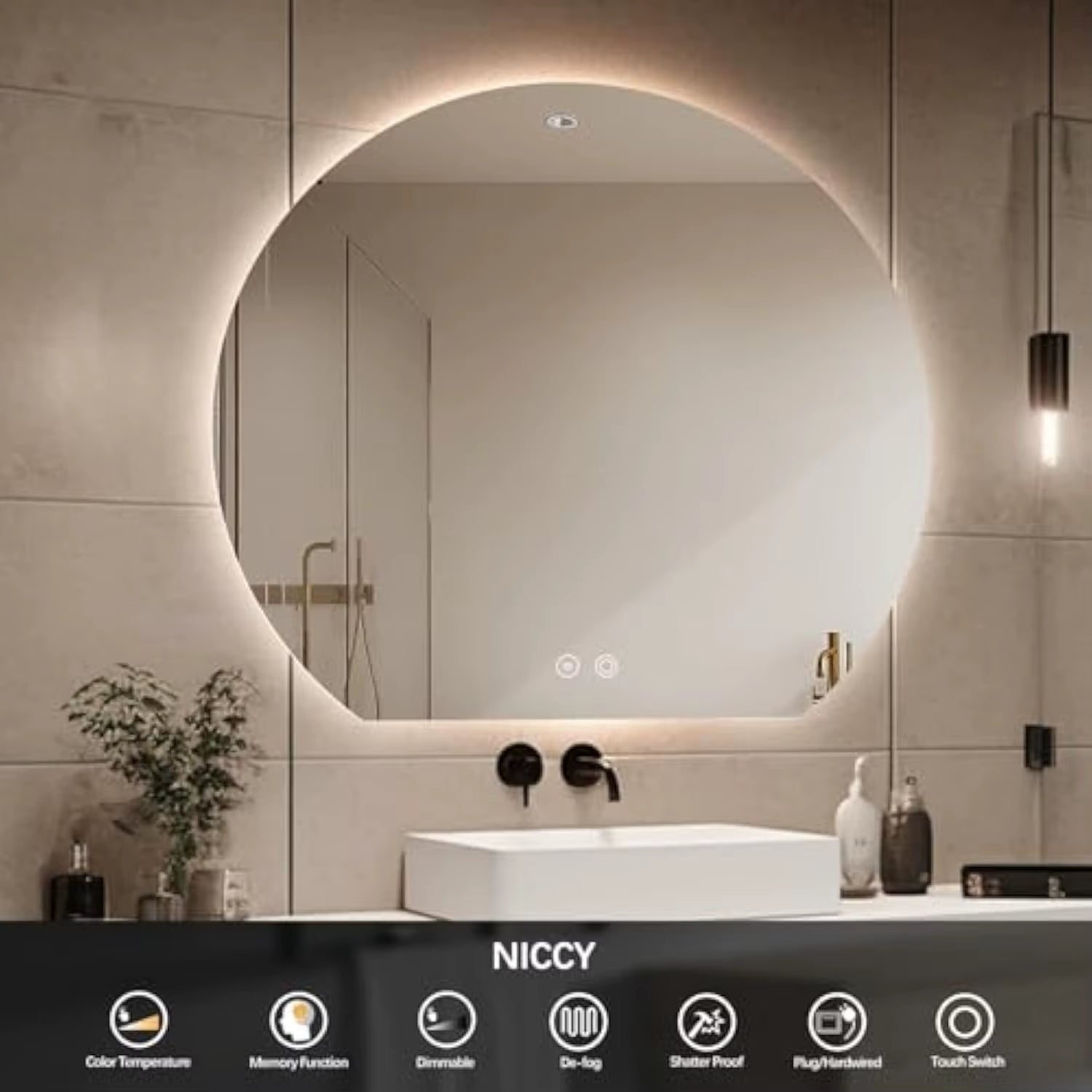 Half Moon round Led Bathroom Mirror for Wall, 36 Irregular Led Mirror with Anti-Fog, 3-Color Adjustal, Dimmable, Semi Circle F