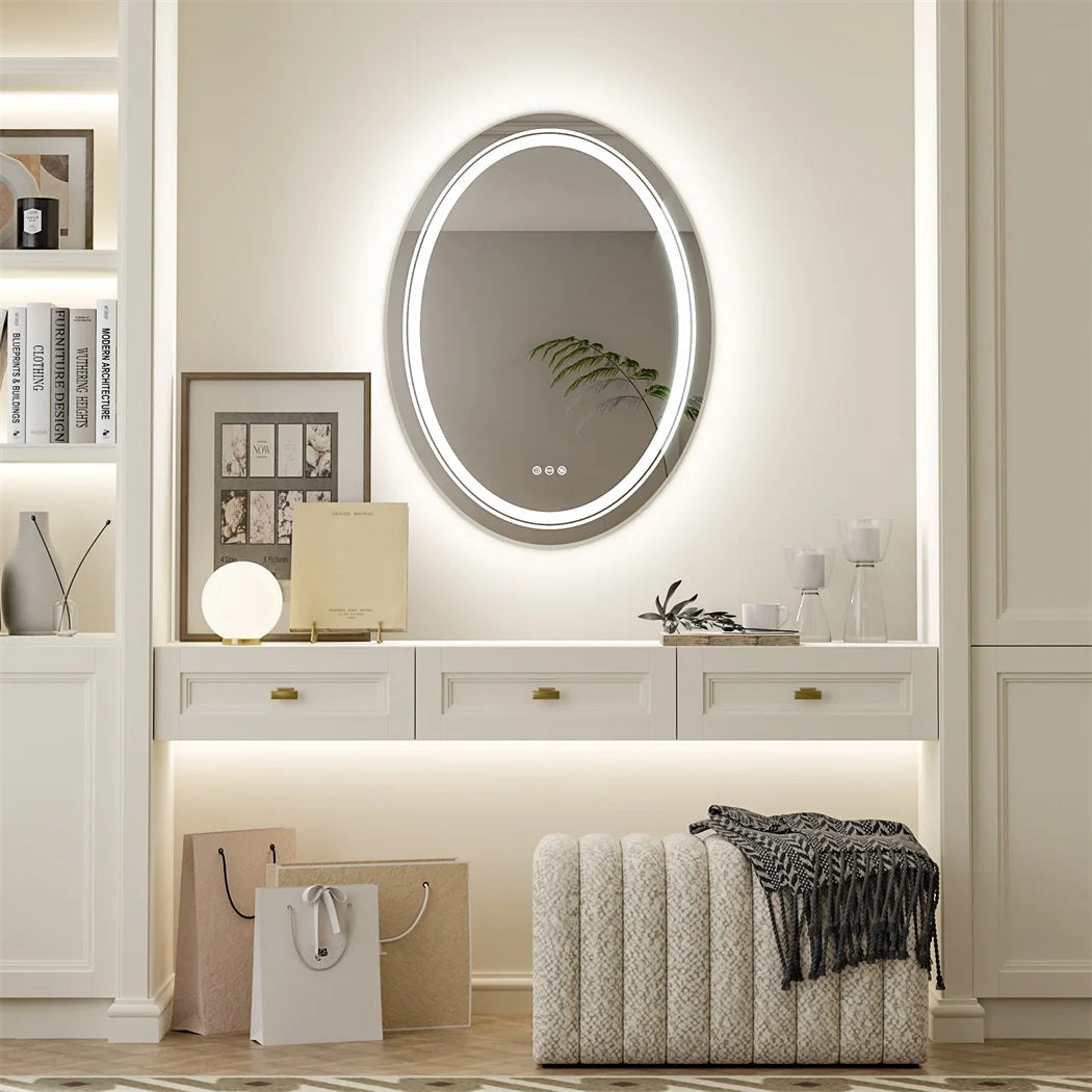 Bathroom Mirror LED Light Oval Frameless Shower Shaving Makeup Mirror for Restroom Washroom Dimming Defog