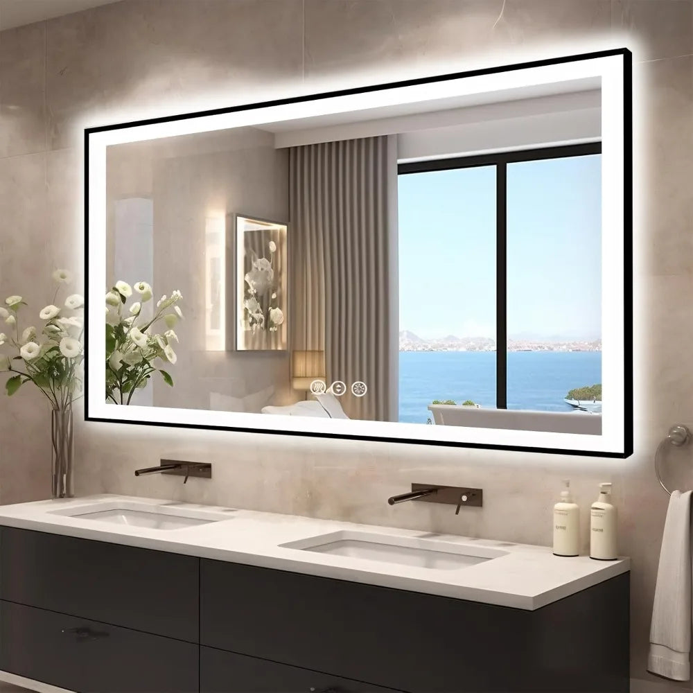 60X28 LED Bathroom Mirror for Wall - Black Aluminum Framed (Front and Backlit))