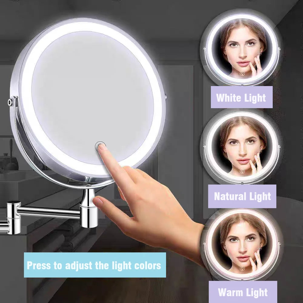 8" USB Charging Wall Mounted Shower Mirror with Lights,Double Sided 1X/10X Magnifying Makeup LED Mirror Vanity Dressing Mirror
