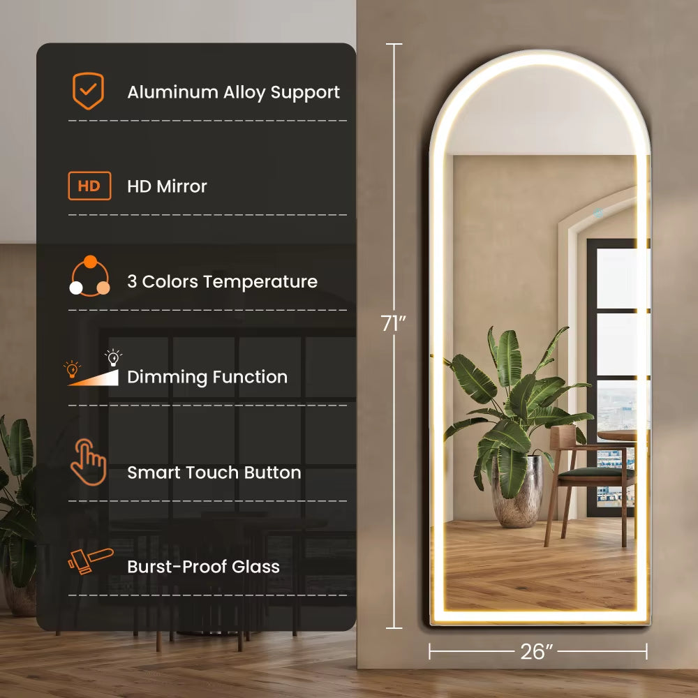 3 Color Lighting Mirror with LED Lights, 71"X26" Lighted Floor Standing Mirror with Stand
