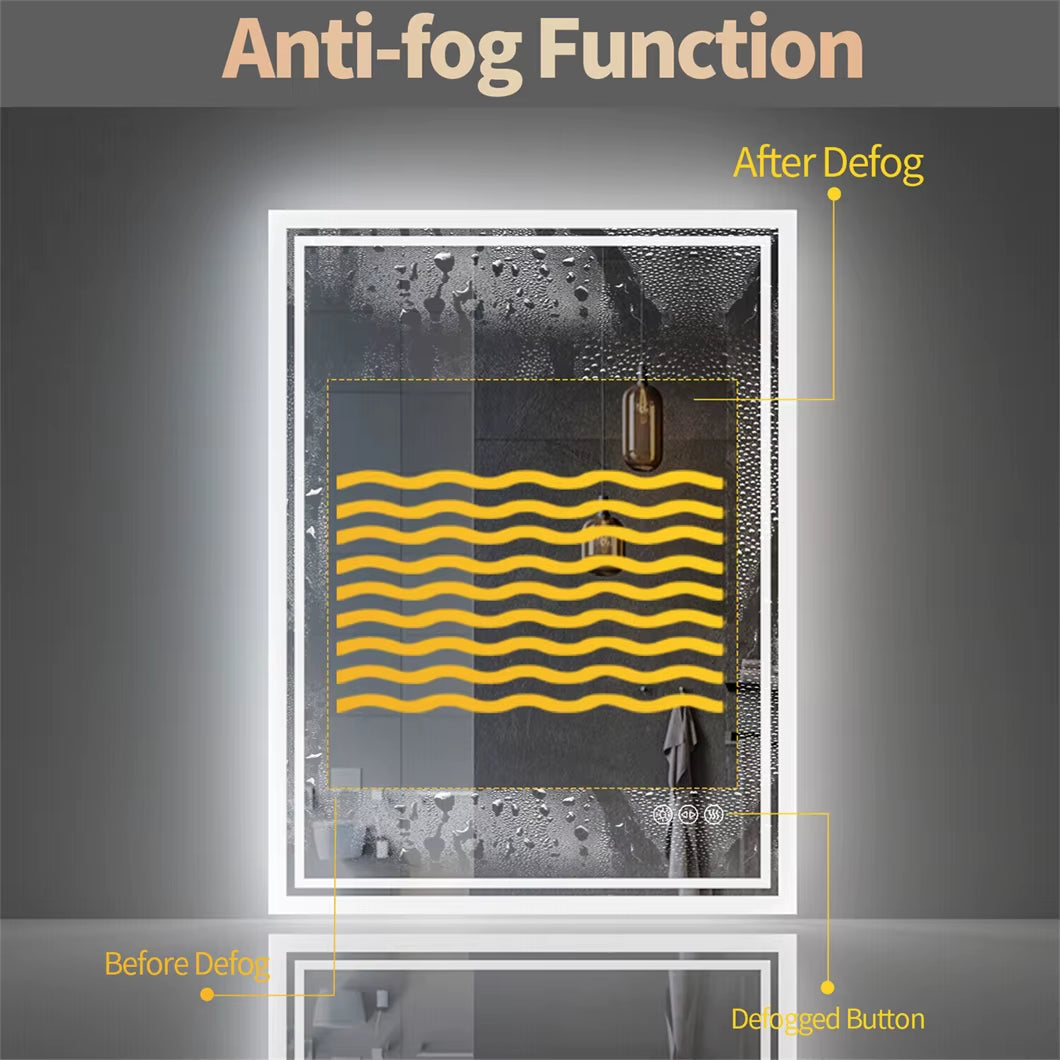 LED Bathroom Mirror 3 Size Dimmable Wall Mounted Mirror Rectangle Makeup Mirror Demist, Vertical/ Horizontal Backlit, IP65 Rated