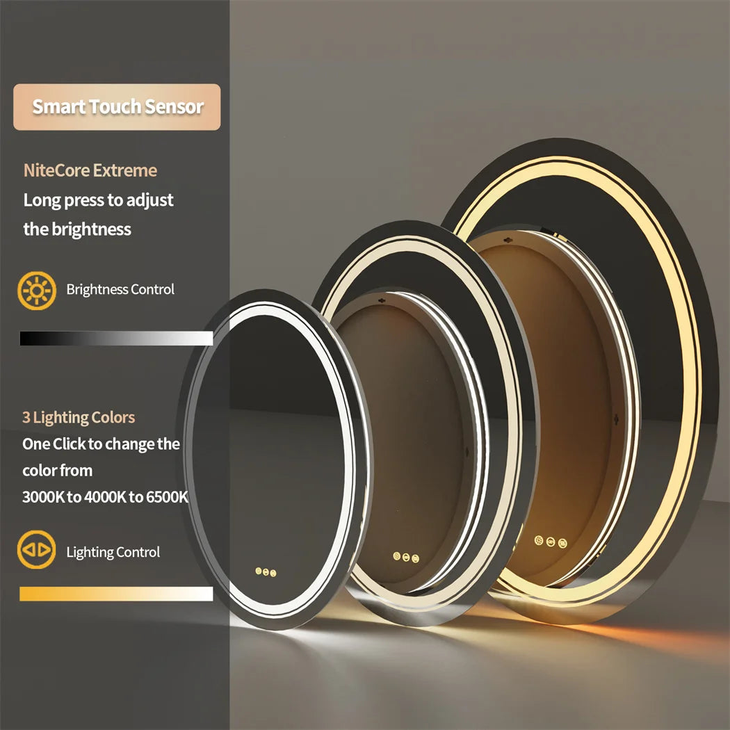 Bathroom Mirror LED Light Oval Frameless Shower Shaving Makeup Mirror for Restroom Washroom Dimming Defog