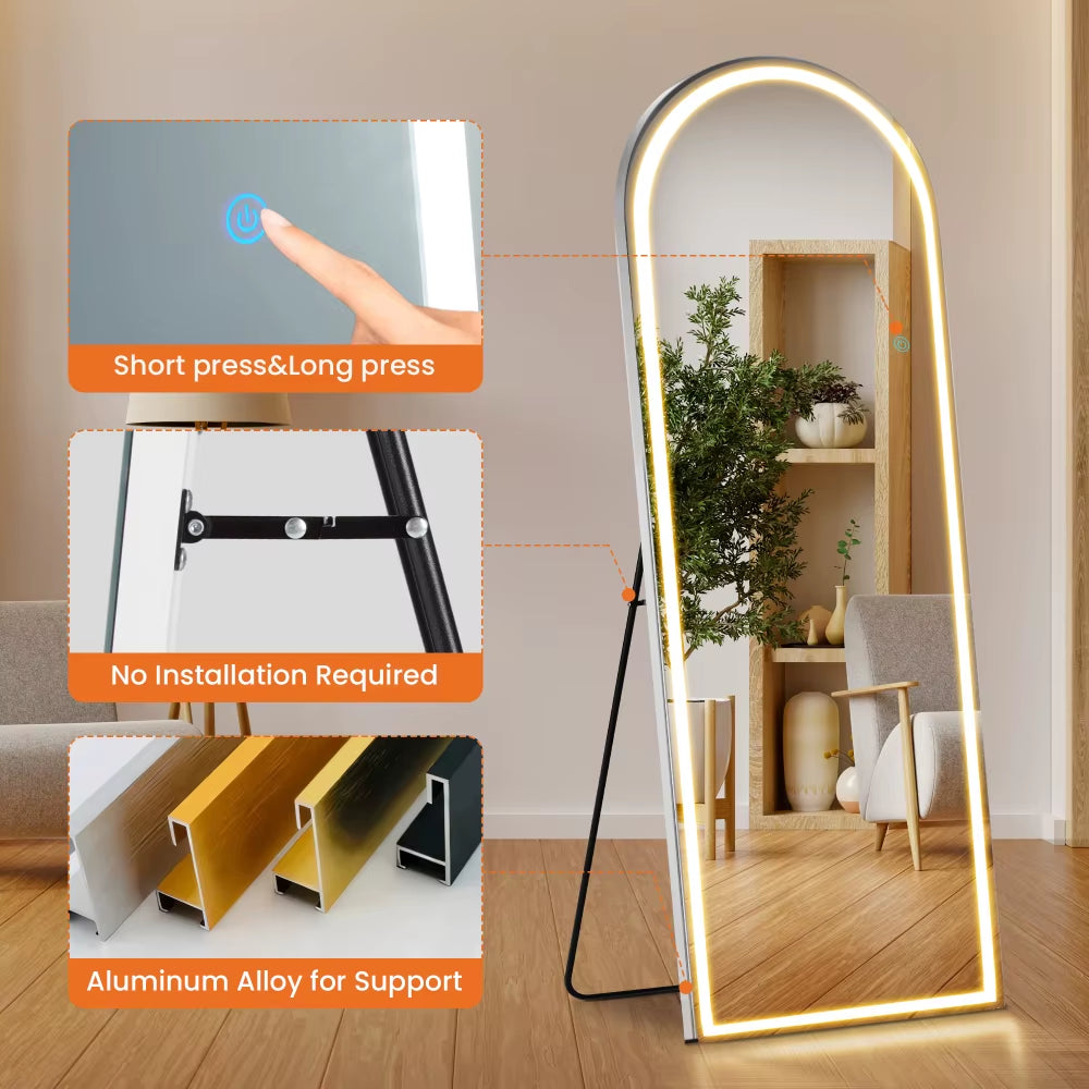 3 Color Lighting Mirror with LED Lights, 71"X26" Lighted Floor Standing Mirror with Stand