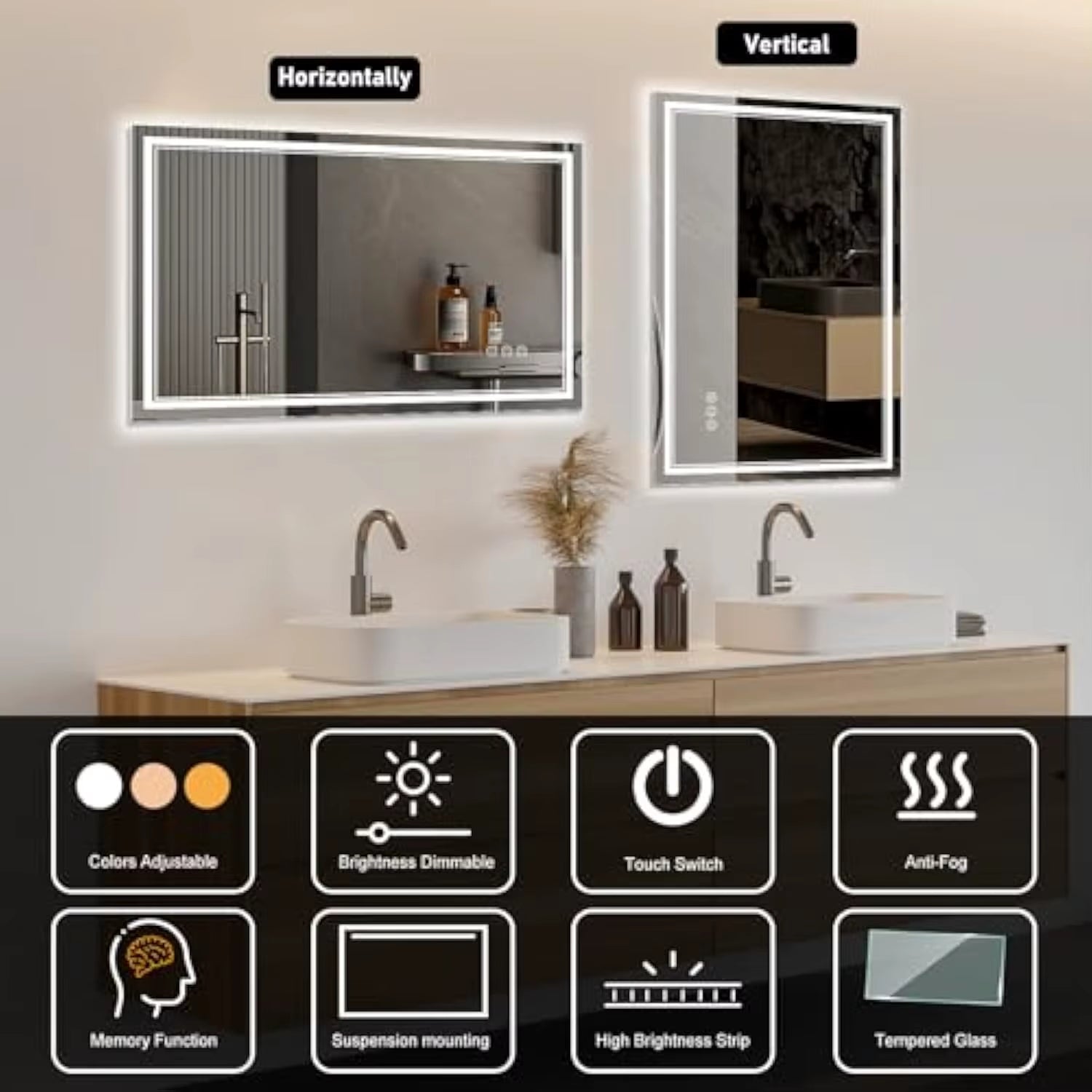 28X36 3 Colors Led Mirror for Bathroom with Front Light and Backlit,Dimmable anti Fog Wall Bathroom Mirror with Led Lights, Wat