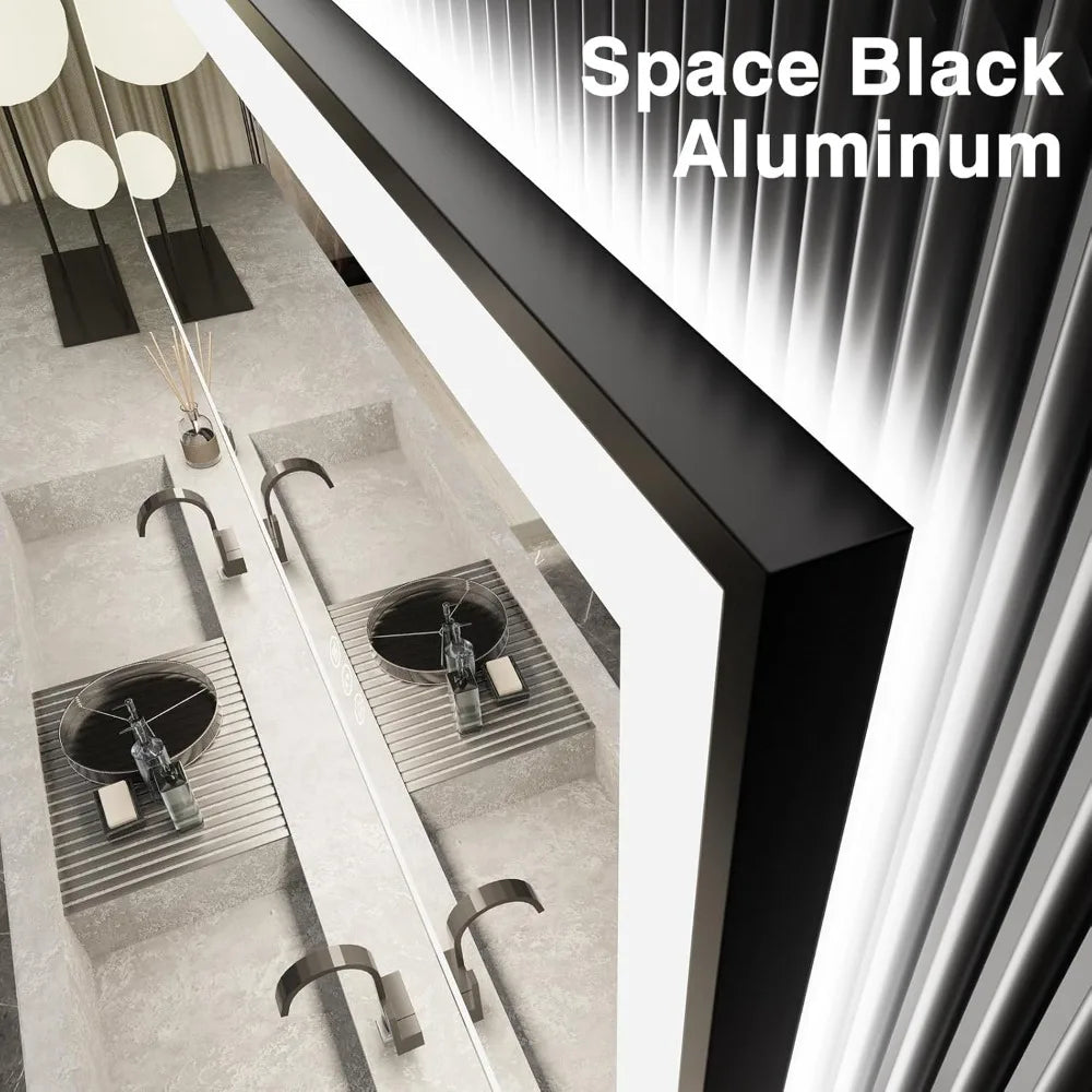60X28 LED Bathroom Mirror for Wall - Black Aluminum Framed (Front and Backlit))