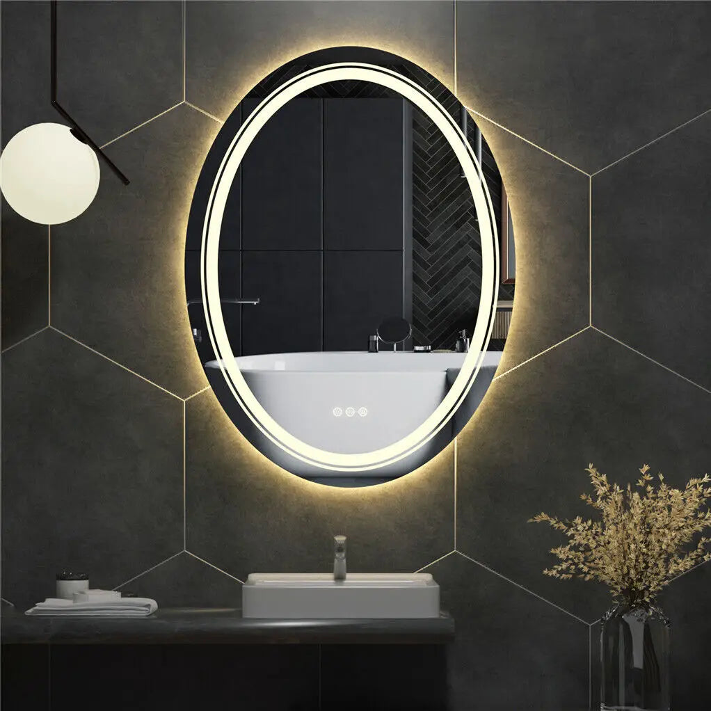Bathroom Mirror LED Light Oval Frameless Shower Shaving Makeup Mirror for Restroom Washroom Dimming Defog