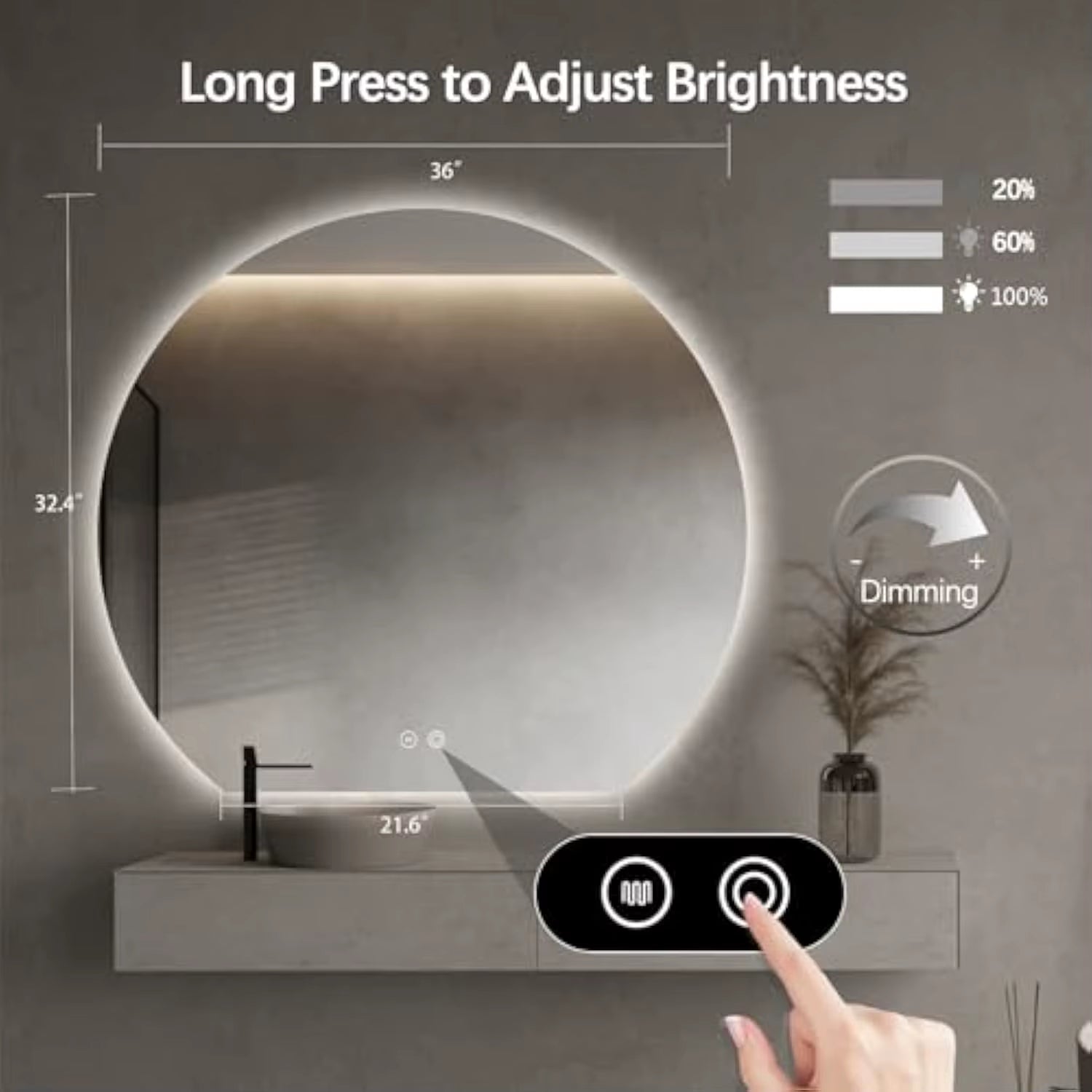 Half Moon round Led Bathroom Mirror for Wall, 36 Irregular Led Mirror with Anti-Fog, 3-Color Adjustal, Dimmable, Semi Circle F