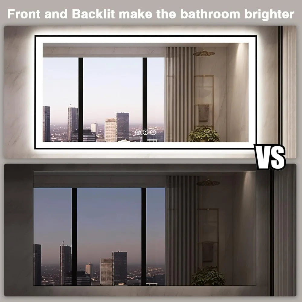 60X28 LED Bathroom Mirror for Wall - Black Aluminum Framed (Front and Backlit))