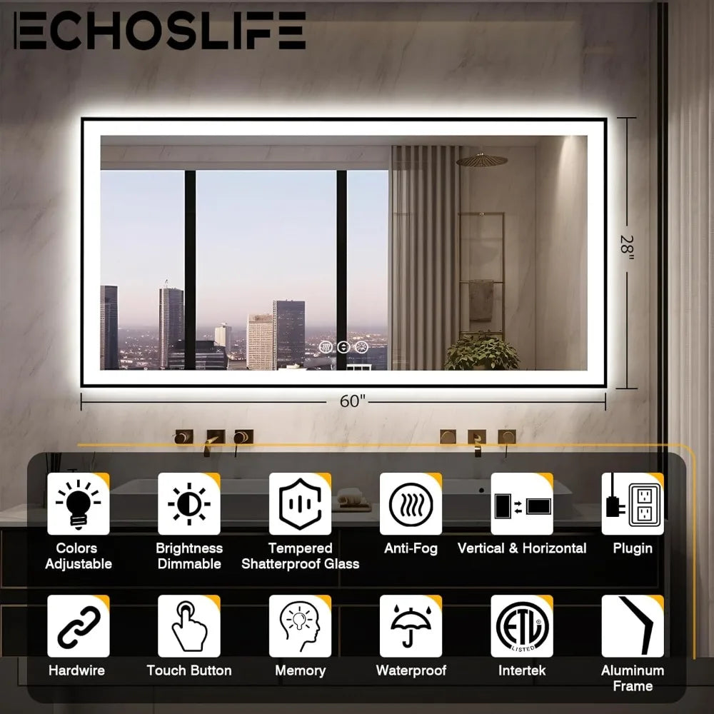 60X28 LED Bathroom Mirror for Wall - Black Aluminum Framed (Front and Backlit))