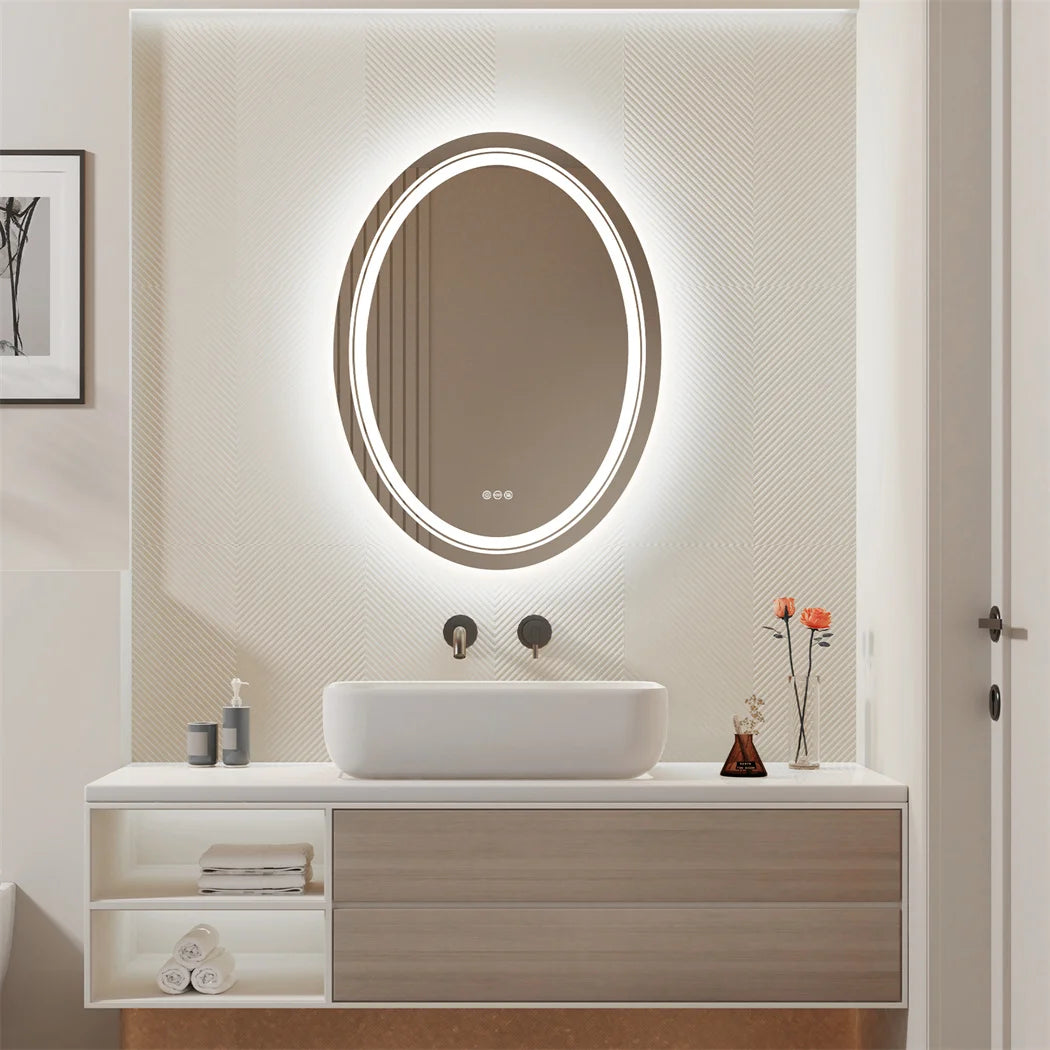 Bathroom Mirror LED Light Oval Frameless Shower Shaving Makeup Mirror for Restroom Washroom Dimming Defog