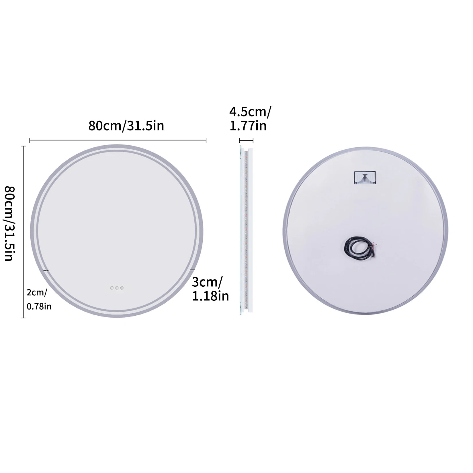 60Cm round Smart Illuminate Mirror for Bathroom Wall Mounted Touch Screen 3 Color Dimming LED Lighted Mirror