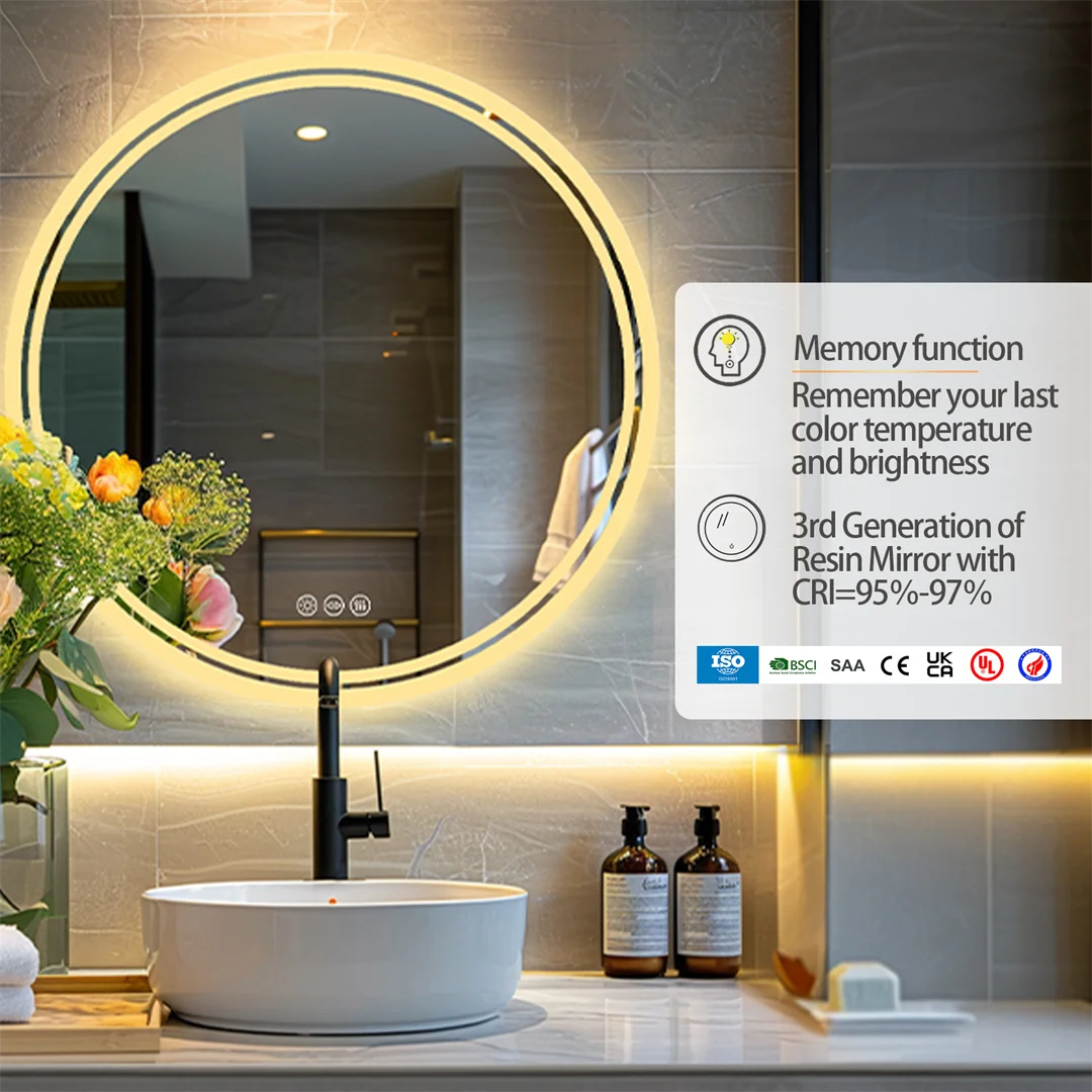 60Cm round Smart Illuminate Mirror for Bathroom Wall Mounted Touch Screen 3 Color Dimming LED Lighted Mirror