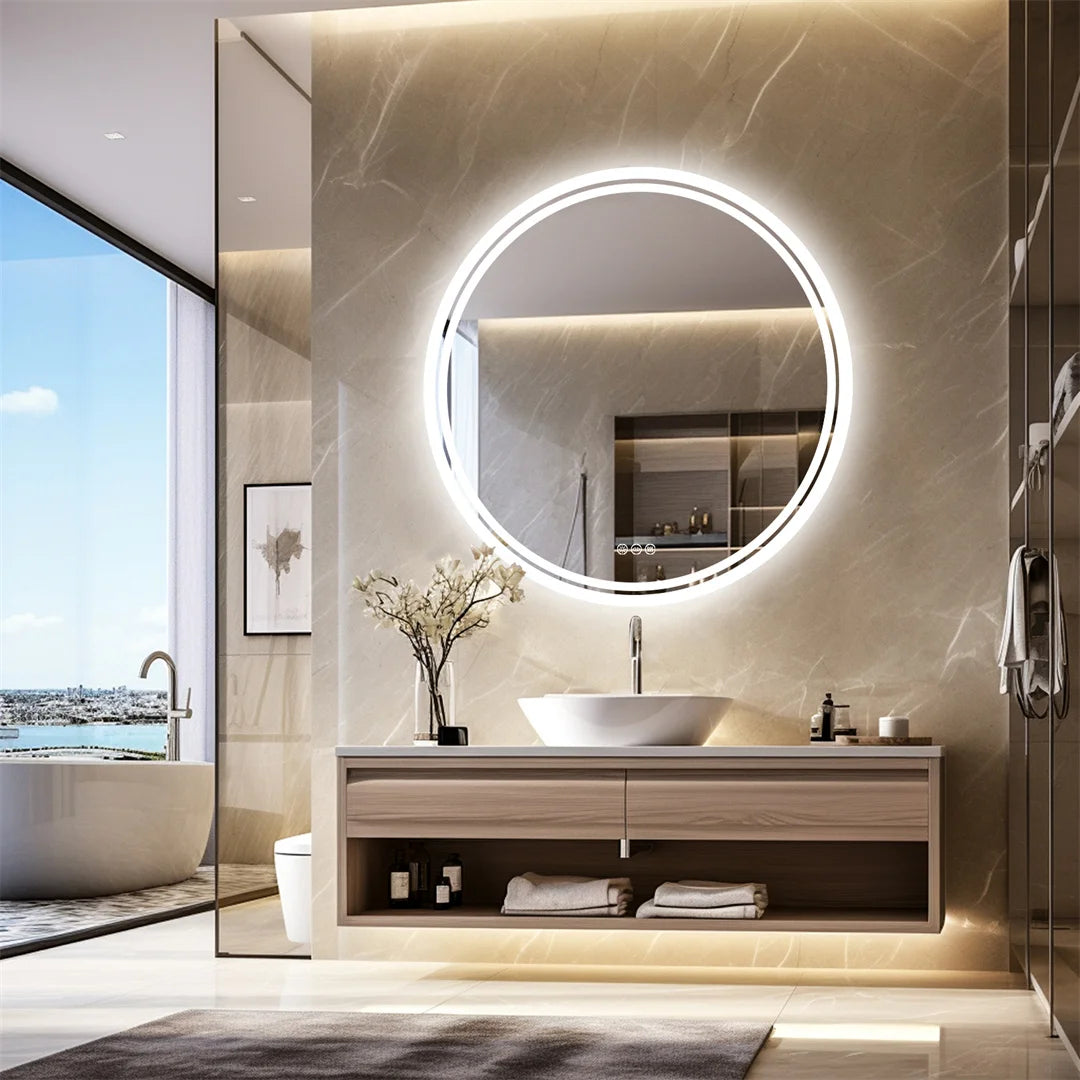 60Cm round Smart Illuminate Mirror for Bathroom Wall Mounted Touch Screen 3 Color Dimming LED Lighted Mirror