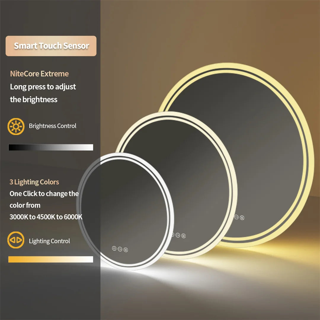 60Cm round Smart Illuminate Mirror for Bathroom Wall Mounted Touch Screen 3 Color Dimming LED Lighted Mirror