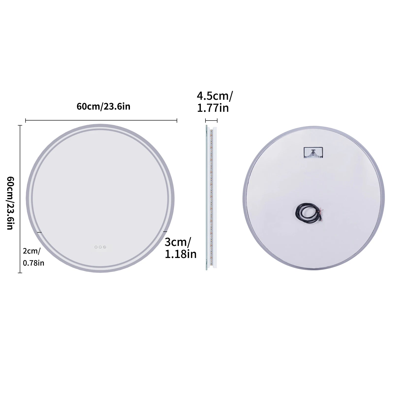 60Cm round Smart Illuminate Mirror for Bathroom Wall Mounted Touch Screen 3 Color Dimming LED Lighted Mirror