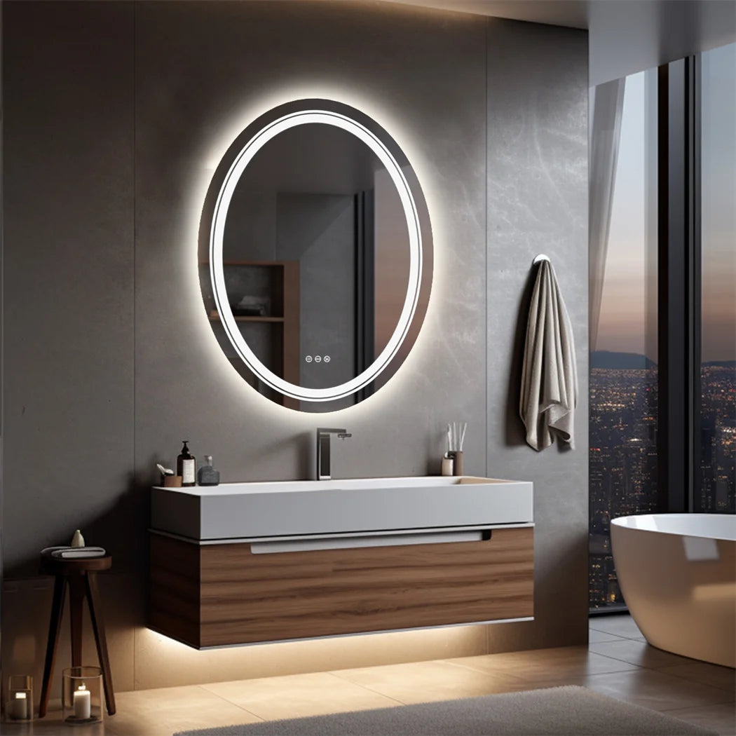 Bathroom Mirror LED Light Oval Frameless Shower Shaving Makeup Mirror for Restroom Washroom Dimming Defog