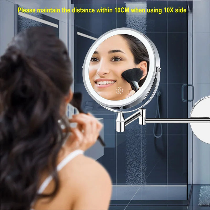 8" USB Charging Wall Mounted Shower Mirror with Lights,Double Sided 1X/10X Magnifying Makeup LED Mirror Vanity Dressing Mirror
