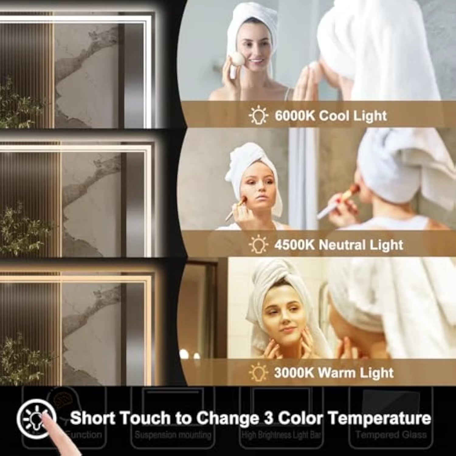 28X36 3 Colors Led Mirror for Bathroom with Front Light and Backlit,Dimmable anti Fog Wall Bathroom Mirror with Led Lights, Wat
