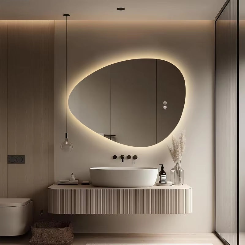 LED Bathroom Mirror with Lights 24X32”, Stepless Dimmable Irregular LED Mirror with 3 Colors, Anti-Fog, Memory, Al-Alloy Lampsha